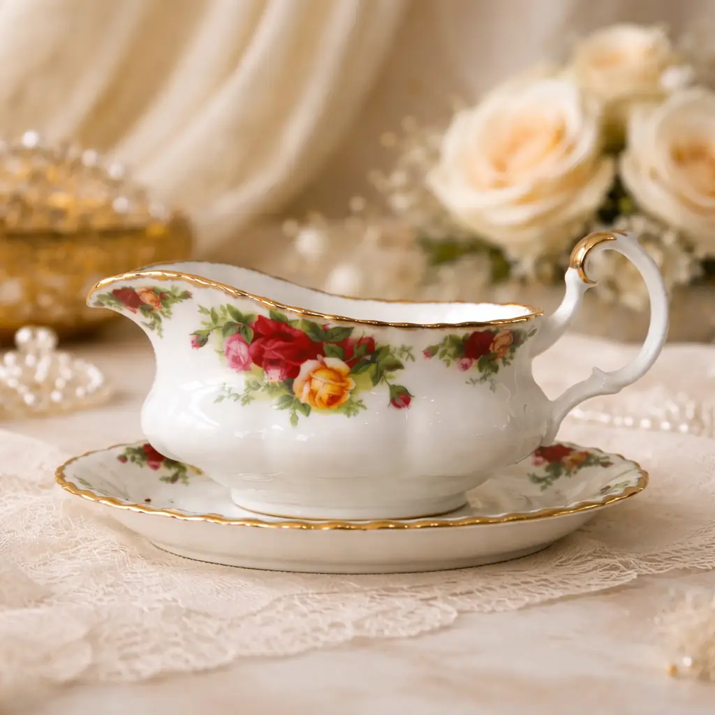 Royal Albert – Old Country Roses Raffinata salsiera con presentatoio originale in finissima Bone China inglese, appartenente alla celebre collezione Old Country Roses di Royal Albert, una delle decorazioni più iconiche e amate della porcellana britannica. La delicata composizione di rose rosse, rosa e gialle, arricchita da eleganti profilature in oro lucido, dona al pezzo un fascino romantico e senza tempo. La salsiera, dalla linea armoniosa e ricercata, è completata dal presentatoio ovale coordinato, elemento che ne esalta ulteriormente la bellezza e la rende particolarmente elegante sulla tavola o esposta in vetrina. Un raffinato complemento per completare un servizio Royal Albert Old Country Roses o per aggiungere a una tavola un autentico tocco di eleganza inglese. Ottimo stato di conservazione, senza sbeccature, crepe o restauri visibili; decorazione e dorature ben conservate. Un piccolo oggetto di grande fascino, perfetto per chi ama la porcellana inglese, le tavole raffinate e l'inconfondibile romanticismo dello stile Old Country Roses.
