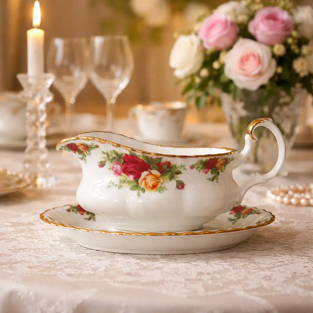 Royal Albert – Old Country Roses Raffinata salsiera con presentatoio originale in finissima Bone China inglese, appartenente alla celebre collezione Old Country Roses di Royal Albert, una delle decorazioni più iconiche e amate della porcellana britannica. La delicata composizione di rose rosse, rosa e gialle, arricchita da eleganti profilature in oro lucido, dona al pezzo un fascino romantico e senza tempo. La salsiera, dalla linea armoniosa e ricercata, è completata dal presentatoio ovale coordinato, elemento che ne esalta ulteriormente la bellezza e la rende particolarmente elegante sulla tavola o esposta in vetrina. Un raffinato complemento per completare un servizio Royal Albert Old Country Roses o per aggiungere a una tavola un autentico tocco di eleganza inglese. Ottimo stato di conservazione, senza sbeccature, crepe o restauri visibili; decorazione e dorature ben conservate. Un piccolo oggetto di grande fascino, perfetto per chi ama la porcellana inglese, le tavole raffinate e l'inconfondibile romanticismo dello stile Old Country Roses.
