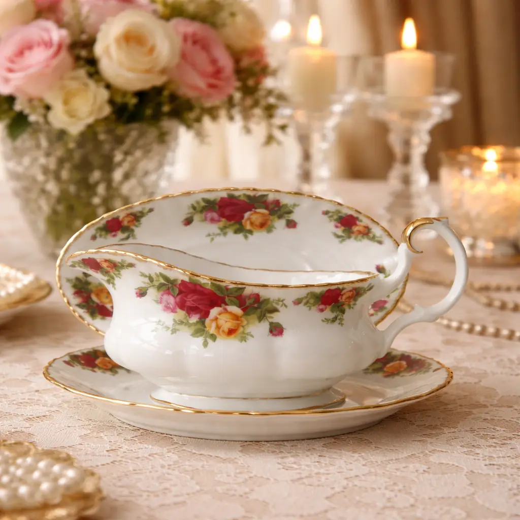 Royal Albert – Old Country Roses Raffinata salsiera con presentatoio originale in finissima Bone China inglese, appartenente alla celebre collezione Old Country Roses di Royal Albert, una delle decorazioni più iconiche e amate della porcellana britannica. La delicata composizione di rose rosse, rosa e gialle, arricchita da eleganti profilature in oro lucido, dona al pezzo un fascino romantico e senza tempo. La salsiera, dalla linea armoniosa e ricercata, è completata dal presentatoio ovale coordinato, elemento che ne esalta ulteriormente la bellezza e la rende particolarmente elegante sulla tavola o esposta in vetrina. Un raffinato complemento per completare un servizio Royal Albert Old Country Roses o per aggiungere a una tavola un autentico tocco di eleganza inglese. Ottimo stato di conservazione, senza sbeccature, crepe o restauri visibili; decorazione e dorature ben conservate. Un piccolo oggetto di grande fascino, perfetto per chi ama la porcellana inglese, le tavole raffinate e l'inconfondibile romanticismo dello stile Old Country Roses.