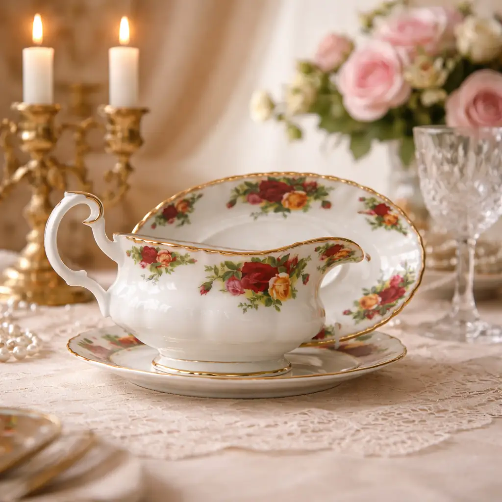 Royal Albert – Old Country Roses Raffinata salsiera con presentatoio originale in finissima Bone China inglese, appartenente alla celebre collezione Old Country Roses di Royal Albert, una delle decorazioni più iconiche e amate della porcellana britannica. La delicata composizione di rose rosse, rosa e gialle, arricchita da eleganti profilature in oro lucido, dona al pezzo un fascino romantico e senza tempo. La salsiera, dalla linea armoniosa e ricercata, è completata dal presentatoio ovale coordinato, elemento che ne esalta ulteriormente la bellezza e la rende particolarmente elegante sulla tavola o esposta in vetrina. Un raffinato complemento per completare un servizio Royal Albert Old Country Roses o per aggiungere a una tavola un autentico tocco di eleganza inglese. Ottimo stato di conservazione, senza sbeccature, crepe o restauri visibili; decorazione e dorature ben conservate. Un piccolo oggetto di grande fascino, perfetto per chi ama la porcellana inglese, le tavole raffinate e l'inconfondibile romanticismo dello stile Old Country Roses.