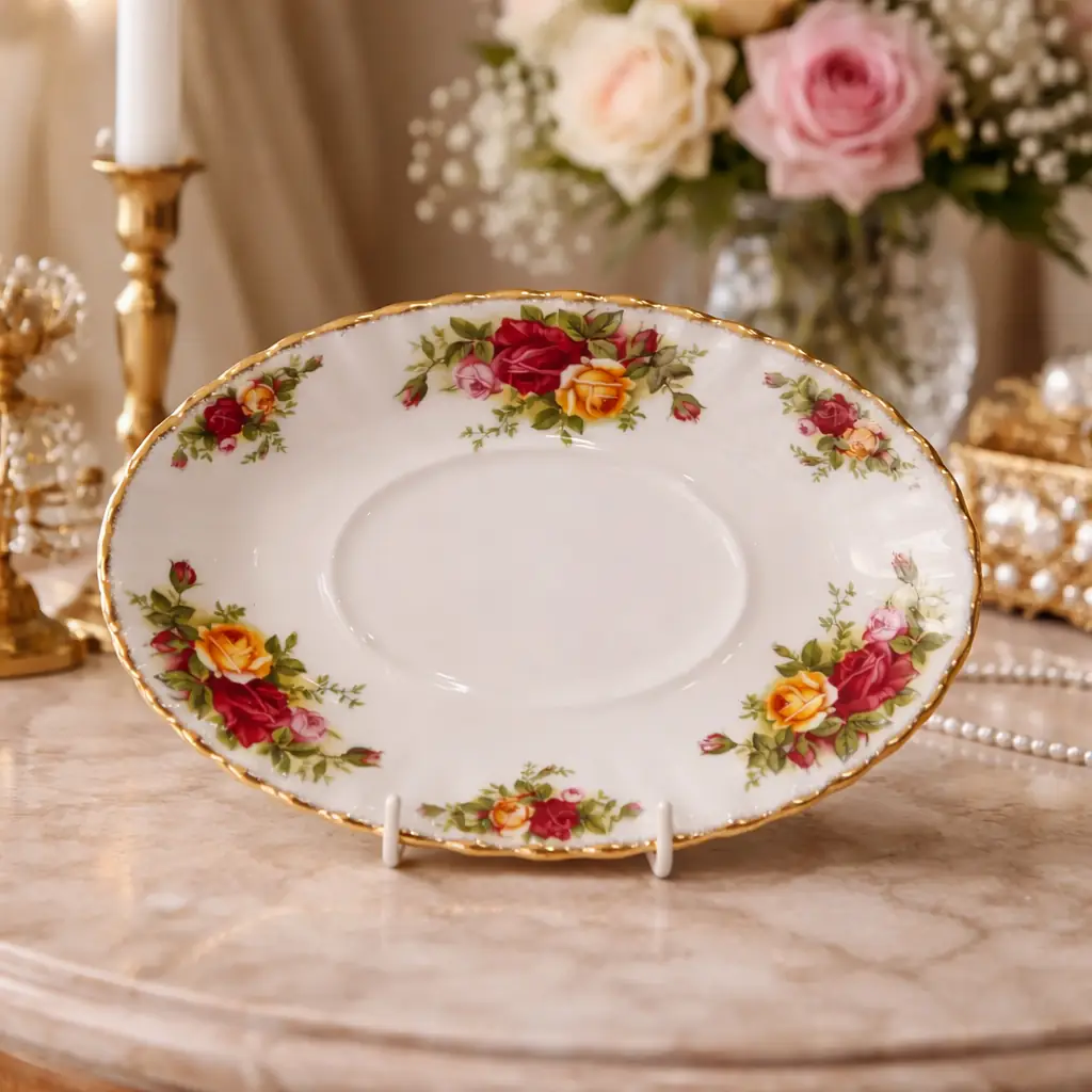 Royal Albert – Old Country Roses Raffinata salsiera con presentatoio originale in finissima Bone China inglese, appartenente alla celebre collezione Old Country Roses di Royal Albert, una delle decorazioni più iconiche e amate della porcellana britannica. La delicata composizione di rose rosse, rosa e gialle, arricchita da eleganti profilature in oro lucido, dona al pezzo un fascino romantico e senza tempo. La salsiera, dalla linea armoniosa e ricercata, è completata dal presentatoio ovale coordinato, elemento che ne esalta ulteriormente la bellezza e la rende particolarmente elegante sulla tavola o esposta in vetrina. Un raffinato complemento per completare un servizio Royal Albert Old Country Roses o per aggiungere a una tavola un autentico tocco di eleganza inglese. Ottimo stato di conservazione, senza sbeccature, crepe o restauri visibili; decorazione e dorature ben conservate. Un piccolo oggetto di grande fascino, perfetto per chi ama la porcellana inglese, le tavole raffinate e l'inconfondibile romanticismo dello stile Old Country Roses.
