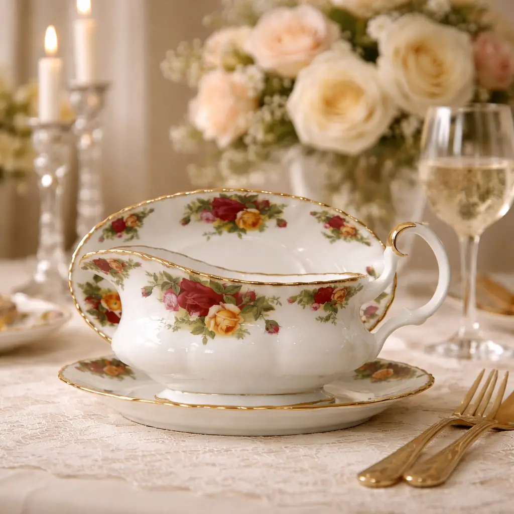 Royal Albert – Old Country Roses Raffinata salsiera con presentatoio originale in finissima Bone China inglese, appartenente alla celebre collezione Old Country Roses di Royal Albert, una delle decorazioni più iconiche e amate della porcellana britannica. La delicata composizione di rose rosse, rosa e gialle, arricchita da eleganti profilature in oro lucido, dona al pezzo un fascino romantico e senza tempo. La salsiera, dalla linea armoniosa e ricercata, è completata dal presentatoio ovale coordinato, elemento che ne esalta ulteriormente la bellezza e la rende particolarmente elegante sulla tavola o esposta in vetrina. Un raffinato complemento per completare un servizio Royal Albert Old Country Roses o per aggiungere a una tavola un autentico tocco di eleganza inglese. Ottimo stato di conservazione, senza sbeccature, crepe o restauri visibili; decorazione e dorature ben conservate. Un piccolo oggetto di grande fascino, perfetto per chi ama la porcellana inglese, le tavole raffinate e l'inconfondibile romanticismo dello stile Old Country Roses.