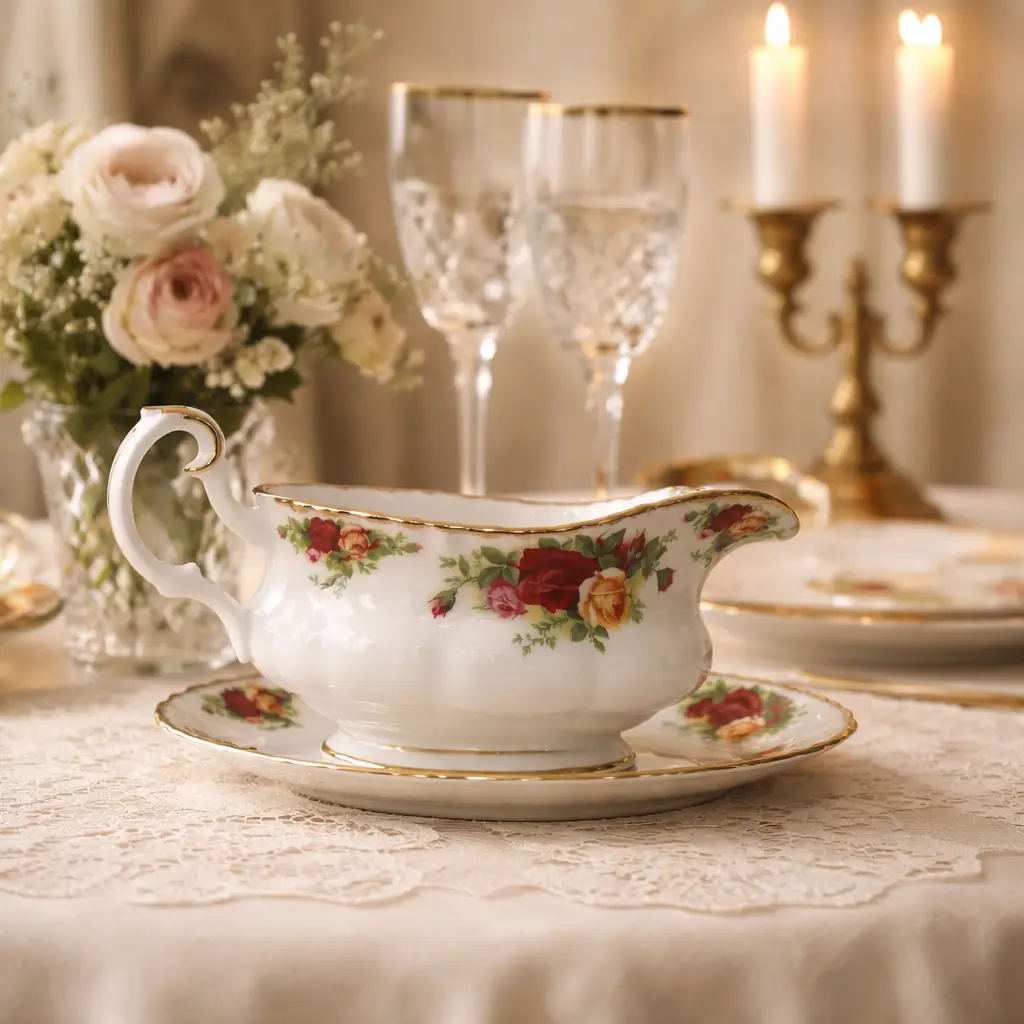 Royal Albert – Old Country Roses Raffinata salsiera con presentatoio originale in finissima Bone China inglese, appartenente alla celebre collezione Old Country Roses di Royal Albert, una delle decorazioni più iconiche e amate della porcellana britannica. La delicata composizione di rose rosse, rosa e gialle, arricchita da eleganti profilature in oro lucido, dona al pezzo un fascino romantico e senza tempo. La salsiera, dalla linea armoniosa e ricercata, è completata dal presentatoio ovale coordinato, elemento che ne esalta ulteriormente la bellezza e la rende particolarmente elegante sulla tavola o esposta in vetrina. Un raffinato complemento per completare un servizio Royal Albert Old Country Roses o per aggiungere a una tavola un autentico tocco di eleganza inglese. Ottimo stato di conservazione, senza sbeccature, crepe o restauri visibili; decorazione e dorature ben conservate. Un piccolo oggetto di grande fascino, perfetto per chi ama la porcellana inglese, le tavole raffinate e l'inconfondibile romanticismo dello stile Old Country Roses.