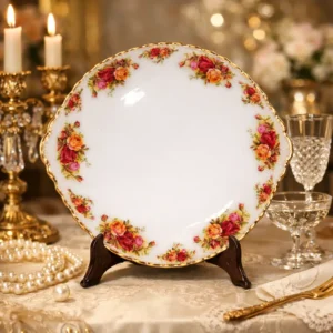 Raffinato piatto da dolce in fine bone china inglese della celebre linea Old Country Roses di Royal Albert, introdotta nel 1962 e divenuta un’icona della tradizione ceramica britannica. Presenta il classico bordo sagomato con profilo in oro zecchino e il caratteristico decoro floreale policromo con rose nei toni del rosso, rosa e giallo su fondo bianco avorio lucido. La qualità della porcellana, sottile e brillante, unita all’eleganza senza tempo del motivo ornamentale, lo rende ideale sia per completare un servizio sia come elemento decorativo di gusto classico. In ottimo stato di conservazione.