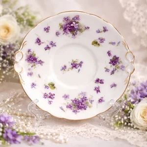 Piatto da dolce in porcellana decorata, con bordo sagomato e profilo dorato. Ornato da delicati mazzetti di violette policrome distribuiti sulla tesa e al centro. Produzione europea della prima metà del Novecento. In buone condizioni generali, con lievi segni del tempo. Grazioso pezzo da collezione o da utilizzo.