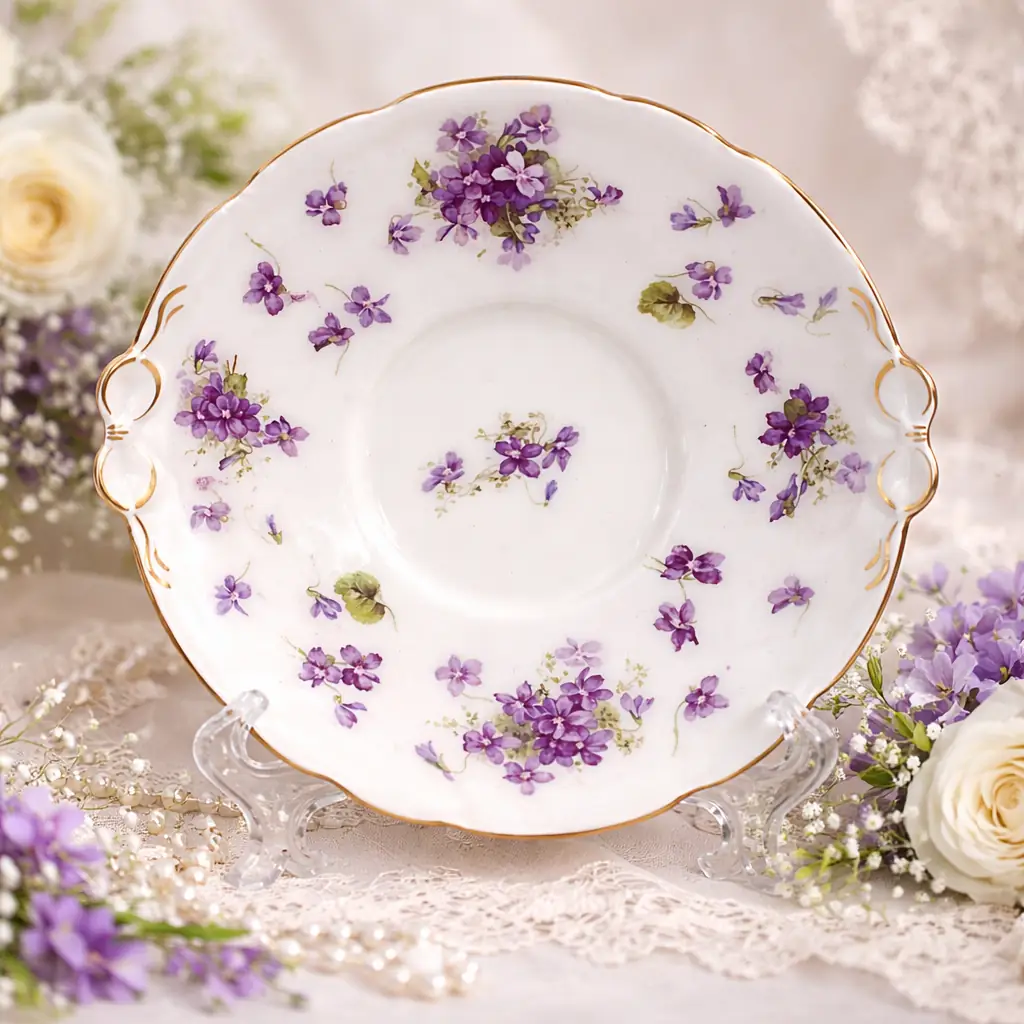 Piatto da dolce in porcellana decorata, con bordo sagomato e profilo dorato. Ornato da delicati mazzetti di violette policrome distribuiti sulla tesa e al centro. Produzione europea della prima metà del Novecento. In buone condizioni generali, con lievi segni del tempo. Grazioso pezzo da collezione o da utilizzo.