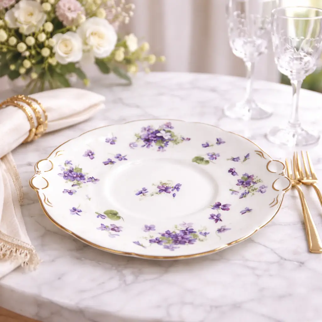 Piatto da dolce in porcellana decorata, con bordo sagomato e profilo dorato. Ornato da delicati mazzetti di violette policrome distribuiti sulla tesa e al centro. Produzione europea della prima metà del Novecento. In buone condizioni generali, con lievi segni del tempo. Grazioso pezzo da collezione o da utilizzo.