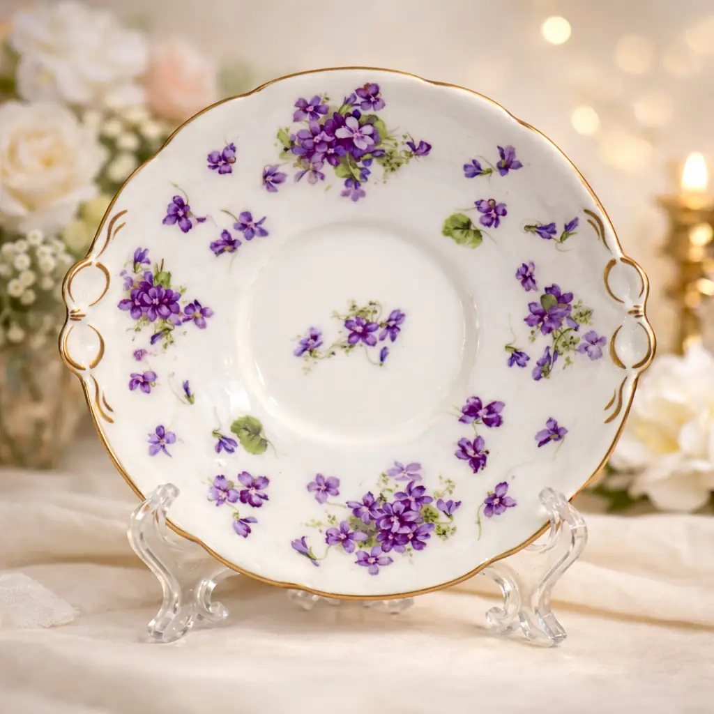 Piatto da dolce in porcellana decorata, con bordo sagomato e profilo dorato. Ornato da delicati mazzetti di violette policrome distribuiti sulla tesa e al centro. Produzione europea della prima metà del Novecento. In buone condizioni generali, con lievi segni del tempo. Grazioso pezzo da collezione o da utilizzo.