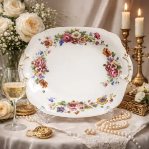 Piatto da dolce in porcellana europea, con bordo sagomato e anse laterali stilizzate. Decorato a mazzi floreali policromi disposti a ghirlanda, con profilature in oro lungo il bordo e sulle prese. Produzione della prima metà del XX secolo. In ottime  condizioni generali. Elegante oggetto da tavola e da collezione.