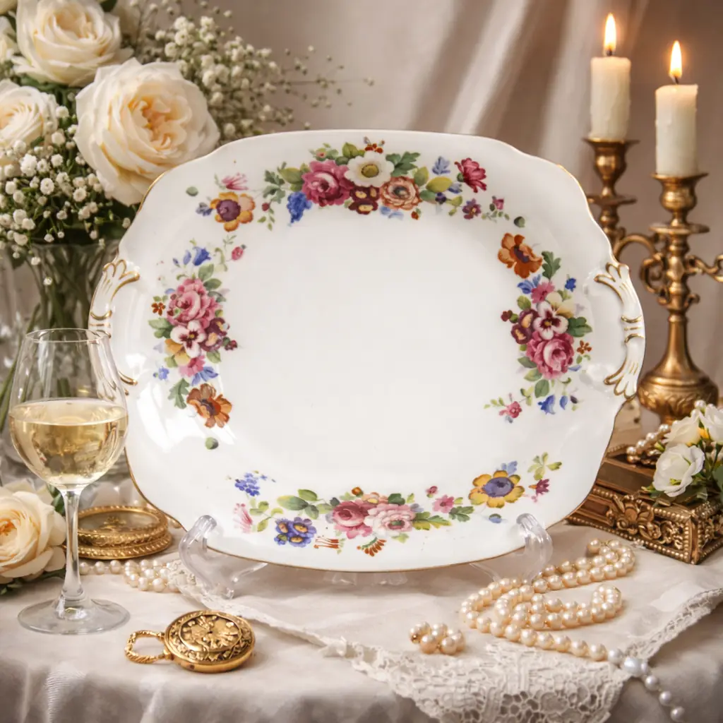 Piatto da dolce in porcellana europea, con bordo sagomato e anse laterali stilizzate. Decorato a mazzi floreali policromi disposti a ghirlanda, con profilature in oro lungo il bordo e sulle prese. Produzione della prima metà del XX secolo. In ottime condizioni generali. Elegante oggetto da tavola e da collezione.