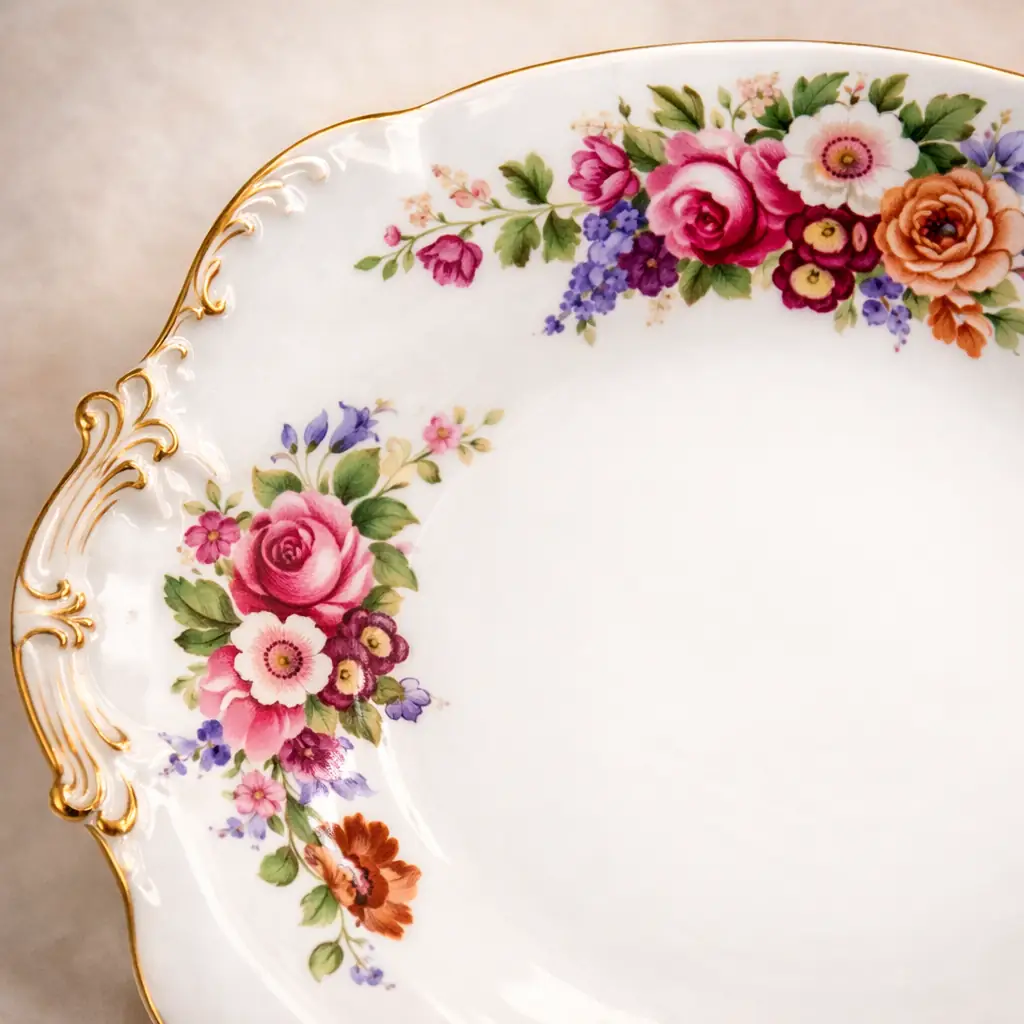 Piatto da dolce in porcellana europea, con bordo sagomato e anse laterali stilizzate. Decorato a mazzi floreali policromi disposti a ghirlanda, con profilature in oro lungo il bordo e sulle prese. Produzione della prima metà del XX secolo. In ottime condizioni generali. Elegante oggetto da tavola e da collezione.