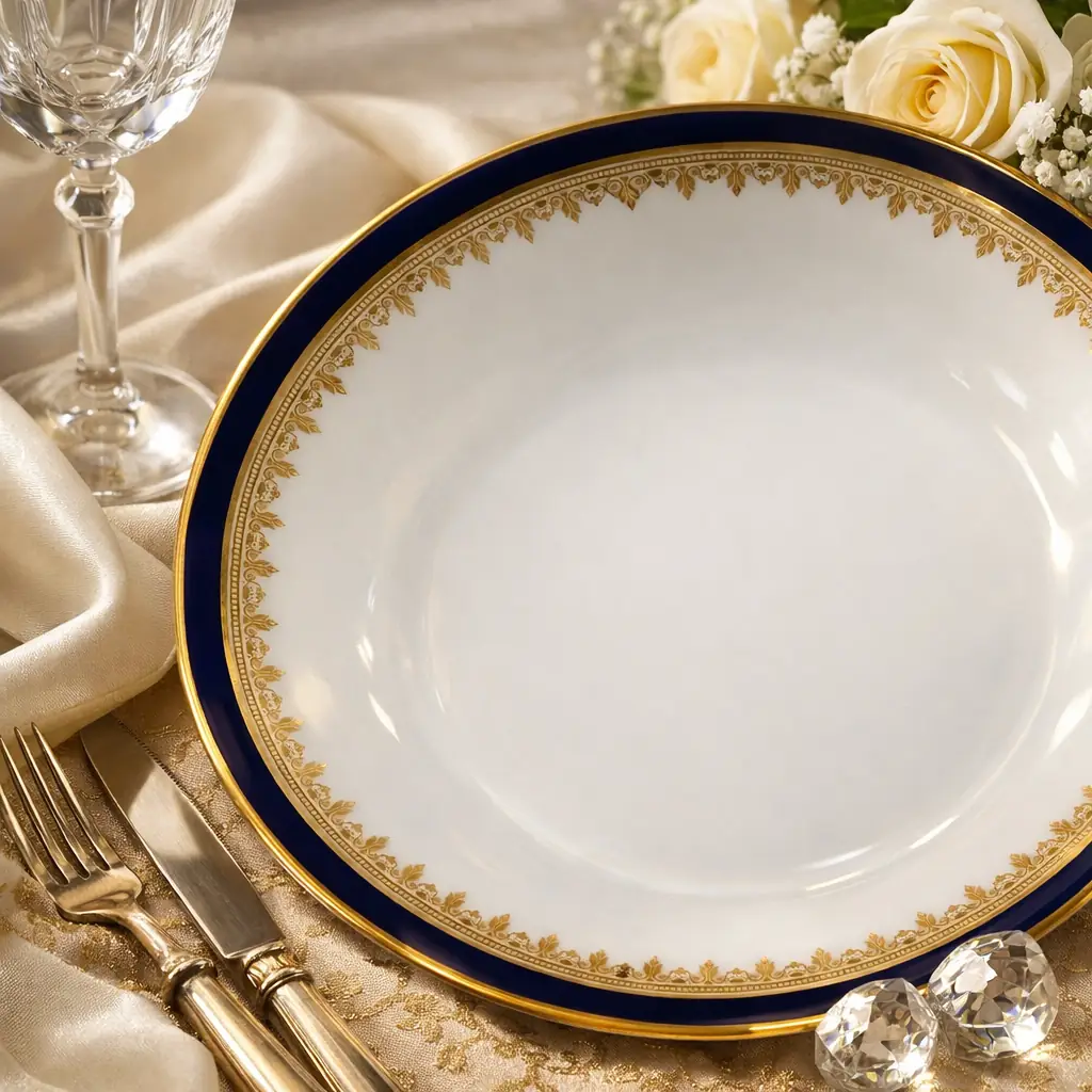 Piatto in porcellana inglese Collingwood, marchiato Collingwood – Made in England, decorato con elegante bordo blu scuro e fine greca dorata interna a motivo continuo. Linea sobria ed equilibrata, di gusto classico. Produzione prima metà del XX secolo. In buone condizioni generali, con lievi segni del tempo. Adatto a collezione o utilizzo
