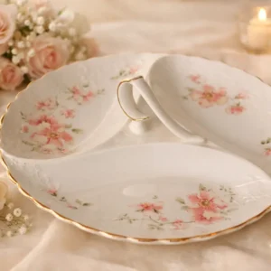 Royal Albert “Breath of Spring” – Piatto da dolce a trifoglio Delizioso piatto da dolce a forma di trifoglio della celebre collezione Breath of Spring di Royal Albert, realizzato in pregiata Bone China inglese. La particolare forma trilobata, con tre scomparti e raffinato manico centrale, lo rende un oggetto originale e ricercato, perfetto per presentare con eleganza pasticcini, biscotti, confetti e piccole prelibatezze. La delicata decorazione floreale nei toni del rosa, impreziosita da profilature dorate e raffinati rilievi ornamentali, dona alla porcellana un fascino romantico e tipicamente inglese. Un piccolo gioiello della tavola, capace di trasformare anche un semplice tè pomeridiano in un momento speciale. Perfetto da utilizzare, esporre o aggiungere a una collezione di porcellane Royal Albert. Royal Albert Bone China – Made in England – “Breath of Spring”. Un pezzo originale e pieno di charme, ideale per chi ama la raffinata eleganza delle porcellane inglesi.