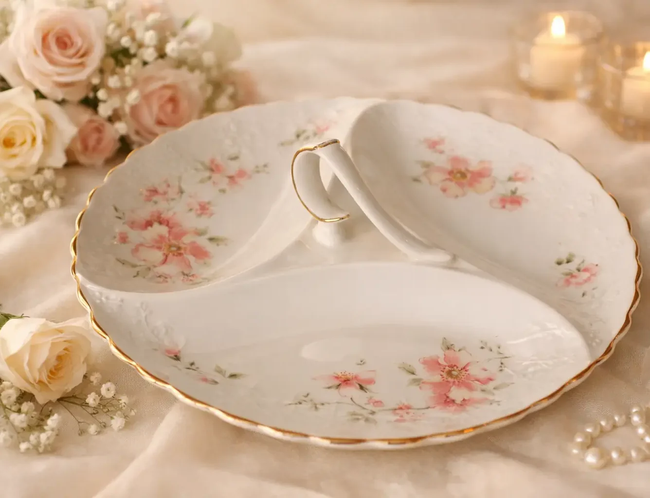 Royal Albert “Breath of Spring” – Piatto da dolce a trifoglio Delizioso piatto da dolce a forma di trifoglio della celebre collezione Breath of Spring di Royal Albert, realizzato in pregiata Bone China inglese. La particolare forma trilobata, con tre scomparti e raffinato manico centrale, lo rende un oggetto originale e ricercato, perfetto per presentare con eleganza pasticcini, biscotti, confetti e piccole prelibatezze. La delicata decorazione floreale nei toni del rosa, impreziosita da profilature dorate e raffinati rilievi ornamentali, dona alla porcellana un fascino romantico e tipicamente inglese. Un piccolo gioiello della tavola, capace di trasformare anche un semplice tè pomeridiano in un momento speciale. Perfetto da utilizzare, esporre o aggiungere a una collezione di porcellane Royal Albert. Royal Albert Bone China – Made in England – “Breath of Spring”. Un pezzo originale e pieno di charme, ideale per chi ama la raffinata eleganza delle porcellane inglesi.