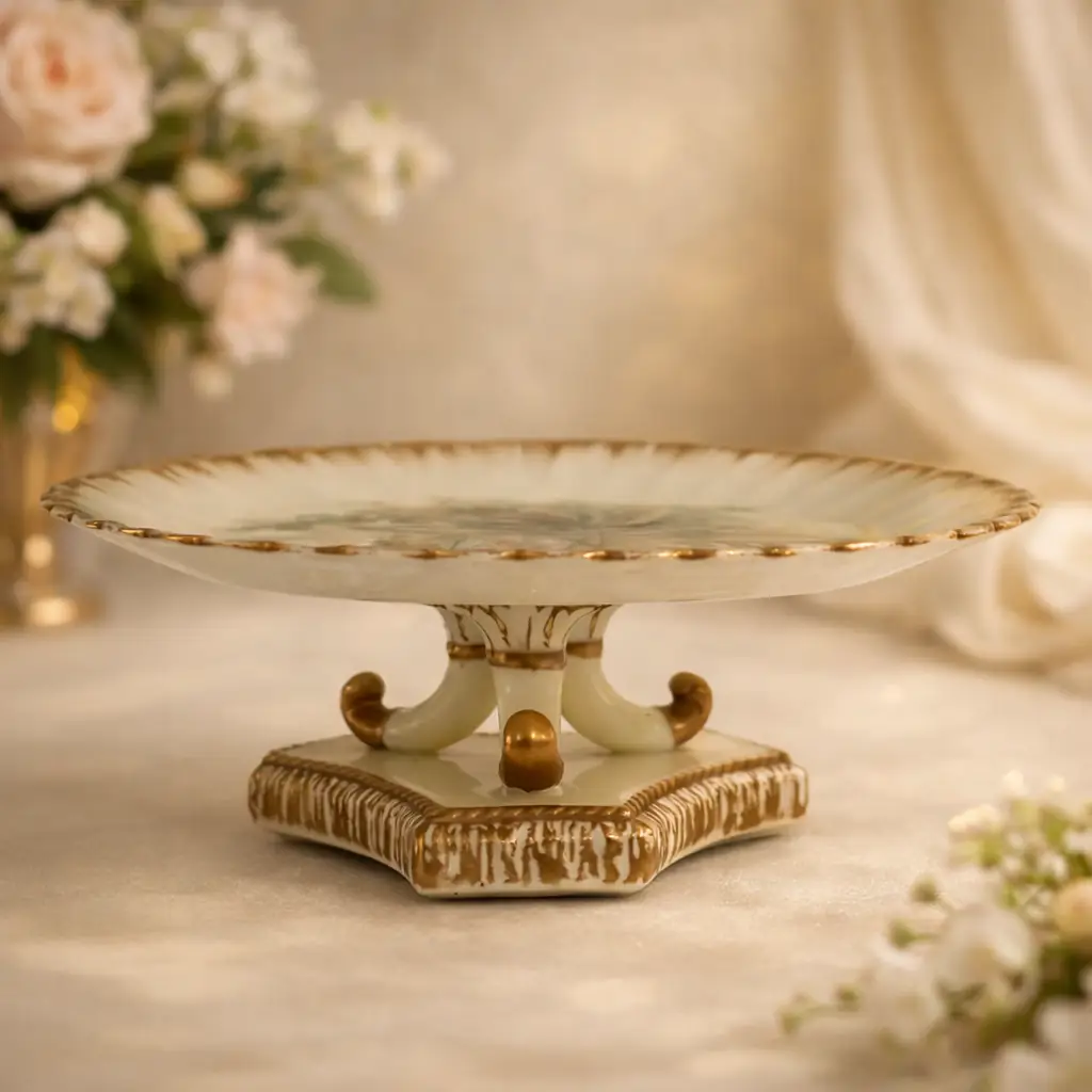 Elegante alzatina in porcellana di gusto tardo Ottocento / primi Novecento, caratterizzata da piatto sagomato con bordo ondulato e profilo dorato. La superficie è finemente decorata a motivo botanico centrale con foglie e bacche policrome, eseguite con pennellata delicata e naturalistica. Il fusto centrale poggia su una base sagomata, arricchita da elementi plastici e dorature a pennello, che conferiscono equilibrio e raffinatezza all’insieme. Oggetto da tavola o da centro, di pregiata manifattura europea, ideale come alzatina da esposizione o servizio dolci, in ottimo stato di conservazione.