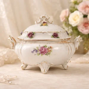 Zuppiera in porcellana decorata a rilievo con applicazioni floreali Manifattura europea, fine XIX – inizi XX secolo Raffinata zuppiera in porcellana bianca modellata, impreziosita da eleganti motivi rocaille in bassorilievo e ricca decorazione floreale plastica applicata a mano, raffigurante rose policrome e piccoli fiori dai toni vivaci. I profili e le volute sono rifiniti in oro, che valorizza la morbida modellazione del corpo bombato e del coperchio sagomato con presa dorata. Il corpo poggia su quattro piedini ricurvi anch’essi decorati in oro, conferendo slancio ed equilibrio all’insieme. Al verso è presente marchio in blu con “N” sormontata da corona, riconducibile alla produzione di capodimonte tra la fine dell’Ottocento e i primi decenni del Novecento. Buono stato di conservazione generale, con lievi segni del tempo e leggere usure alla doratura coerenti con l’epoca. Elegante oggetto da collezione e complemento d’arredo per ambienti classici o eclettici.