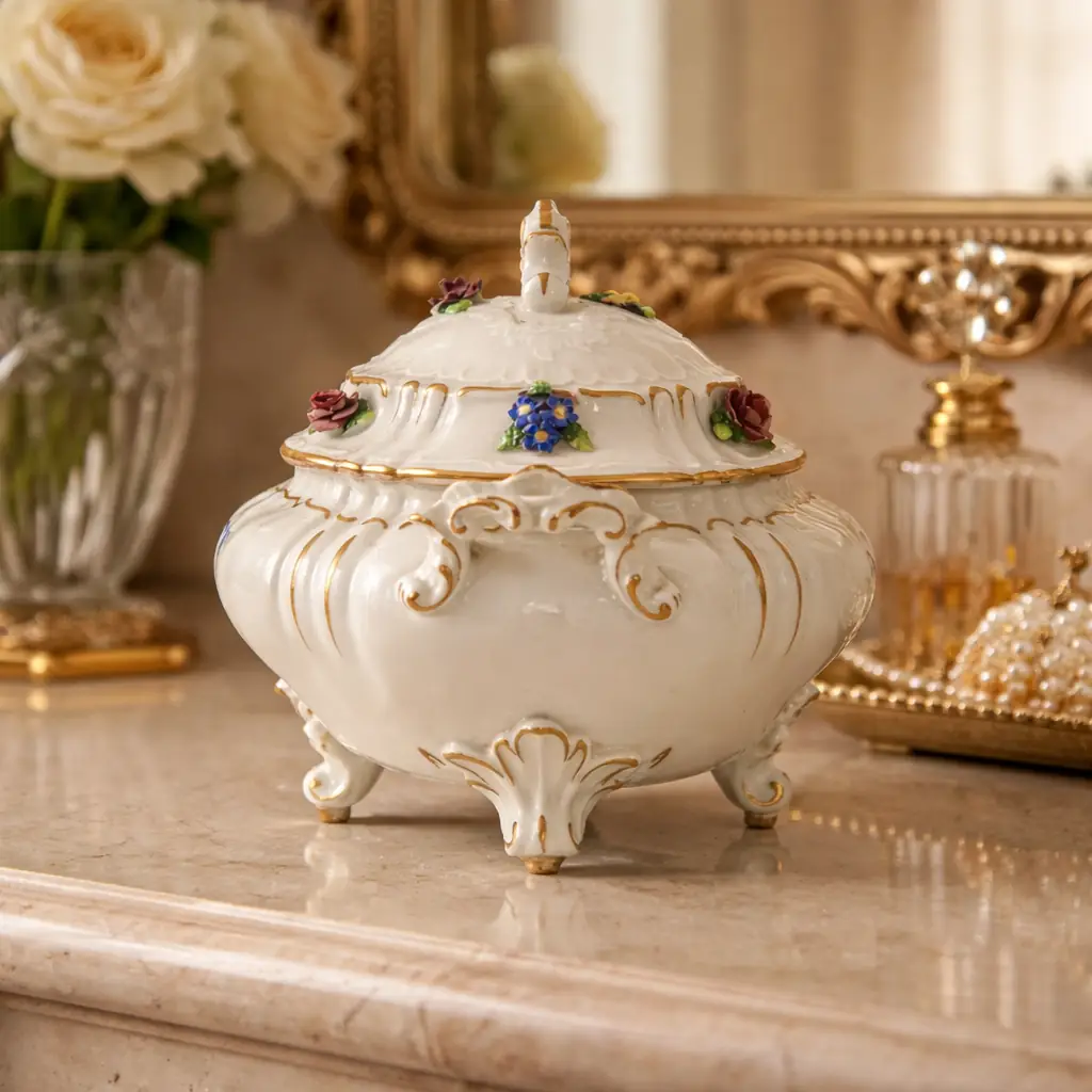 Zuppiera in porcellana decorata a rilievo con applicazioni floreali Manifattura europea, fine XIX – inizi XX secolo Raffinata zuppiera in porcellana bianca modellata, impreziosita da eleganti motivi rocaille in bassorilievo e ricca decorazione floreale plastica applicata a mano, raffigurante rose policrome e piccoli fiori dai toni vivaci. I profili e le volute sono rifiniti in oro, che valorizza la morbida modellazione del corpo bombato e del coperchio sagomato con presa dorata. Il corpo poggia su quattro piedini ricurvi anch’essi decorati in oro, conferendo slancio ed equilibrio all’insieme. Al verso è presente marchio in blu con “N” sormontata da corona, riconducibile alla produzione di capodimonte tra la fine dell’Ottocento e i primi decenni del Novecento. Buono stato di conservazione generale, con lievi segni del tempo e leggere usure alla doratura coerenti con l’epoca. Elegante oggetto da collezione e complemento d’arredo per ambienti classici o eclettici.