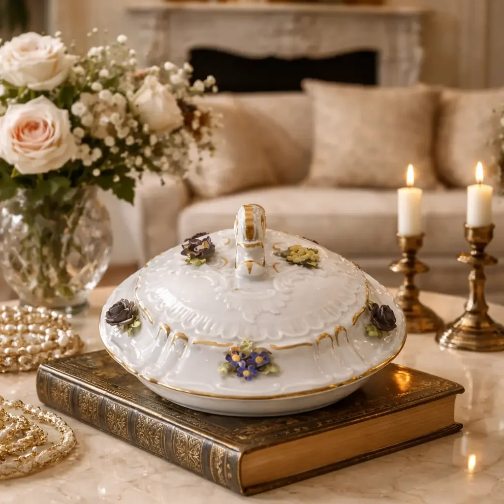 Zuppiera in porcellana decorata a rilievo con applicazioni floreali Manifattura europea, fine XIX – inizi XX secolo Raffinata zuppiera in porcellana bianca modellata, impreziosita da eleganti motivi rocaille in bassorilievo e ricca decorazione floreale plastica applicata a mano, raffigurante rose policrome e piccoli fiori dai toni vivaci. I profili e le volute sono rifiniti in oro, che valorizza la morbida modellazione del corpo bombato e del coperchio sagomato con presa dorata. Il corpo poggia su quattro piedini ricurvi anch’essi decorati in oro, conferendo slancio ed equilibrio all’insieme. Al verso è presente marchio in blu con “N” sormontata da corona, riconducibile alla produzione di capodimonte tra la fine dell’Ottocento e i primi decenni del Novecento. Buono stato di conservazione generale, con lievi segni del tempo e leggere usure alla doratura coerenti con l’epoca. Elegante oggetto da collezione e complemento d’arredo per ambienti classici o eclettici.