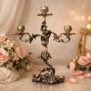 Elegante candelabro a tre luci in argento titolo 800, finemente fuso e cesellato, caratterizzato da un raffinato repertorio decorativo a volute, foglie d’acanto e motivi floreali di gusto Rococò revival. Il fusto centrale sinuoso sostiene tre bracci mossi, ciascuno concluso da portacandela a corolla, mentre la base, ampia e riccamente lavorata, garantisce equilibrio e slancio all’insieme. Databile tra la fine del XIX e i primi decenni del XX secolo, presenta una piacevole patina d’epoca ed è in buone condizioni generali. Oggetto di forte impatto decorativo, ideale per collezionisti e ambienti classici.