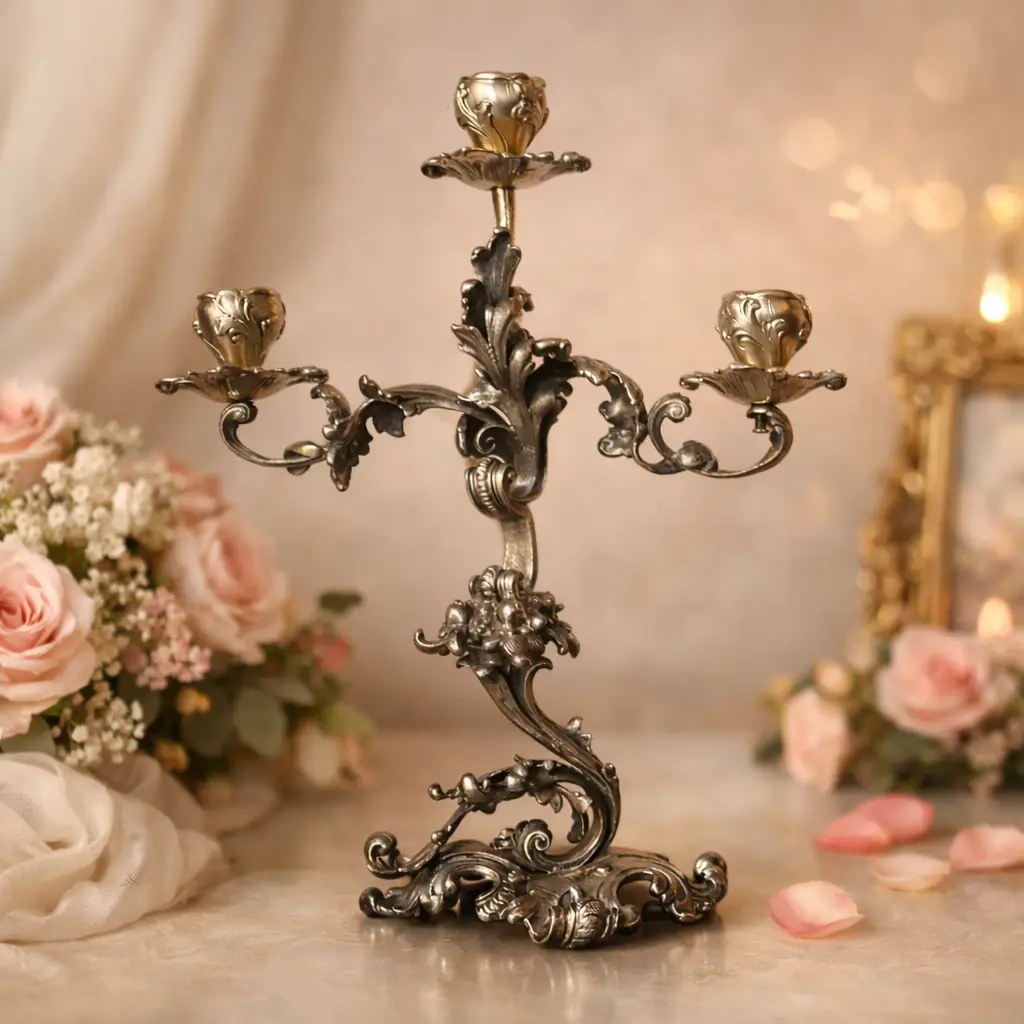 Elegante candelabro a tre luci in argento titolo 800, finemente fuso e cesellato, caratterizzato da un raffinato repertorio decorativo a volute, foglie d’acanto e motivi floreali di gusto Rococò revival. Il fusto centrale sinuoso sostiene tre bracci mossi, ciascuno concluso da portacandela a corolla, mentre la base, ampia e riccamente lavorata, garantisce equilibrio e slancio all’insieme. Databile tra la fine del XIX e i primi decenni del XX secolo, presenta una piacevole patina d’epoca ed è in buone condizioni generali. Oggetto di forte impatto decorativo, ideale per collezionisti e ambienti classici.