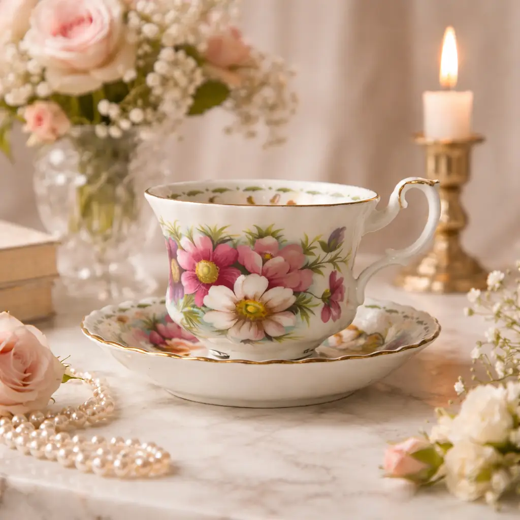 Tazza da tè con piattino Royal Albert – “Flower of the Month: Cosmos (Ottobre)” Elegante tazza da tè con piattino in bone china inglese prodotta da Royal Albert, appartenente alla celebre serie “Flower of the Month” dedicata ai fiori simbolo dei mesi dell’anno. Il modello Cosmos, rappresentativo del mese di ottobre, è decorato con delicati motivi floreali nei toni del rosa, bianco e lilla, arricchiti da finiture in oro lungo bordo, ansa e piede. La tazza presenta forma classica svasata con iscrizione dorata “October” all’interno, mentre il piattino coordinato riprende il medesimo decoro romantico. Marchio originale al verso. Condizioni: molto buone, smalto brillante e dorature ben conservate, senza difetti evidenti. Ideale per: collezione, servizio da tè elegante o oggetto decorativo di gusto inglese.
