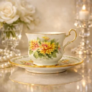 Elegante tazzina da caffè con piattino in fine bone china inglese prodotta da Royal Albert, appartenente alla romantica collezione dedicata ai mesi dell’anno “Flowers of the Month”, variante “November”. Il delicato decoro floreale raffigura splendidi crisantemi giallo-oro sfumati con fogliame verde tenue, impreziositi da raffinate finiture dorate lungo i bordi e l’ansa. All’interno della tazzina compare la scritta corsiva “November”, dettaglio distintivo della serie. La porcellana, leggera e luminosa, riflette tutta la qualità e l’eleganza tipiche della produzione Royal Albert. In ottime condizioni conservative, è un pezzo ideale per collezionisti di porcellane inglesi o per una tavola romantica dal gusto vintage raffinato.