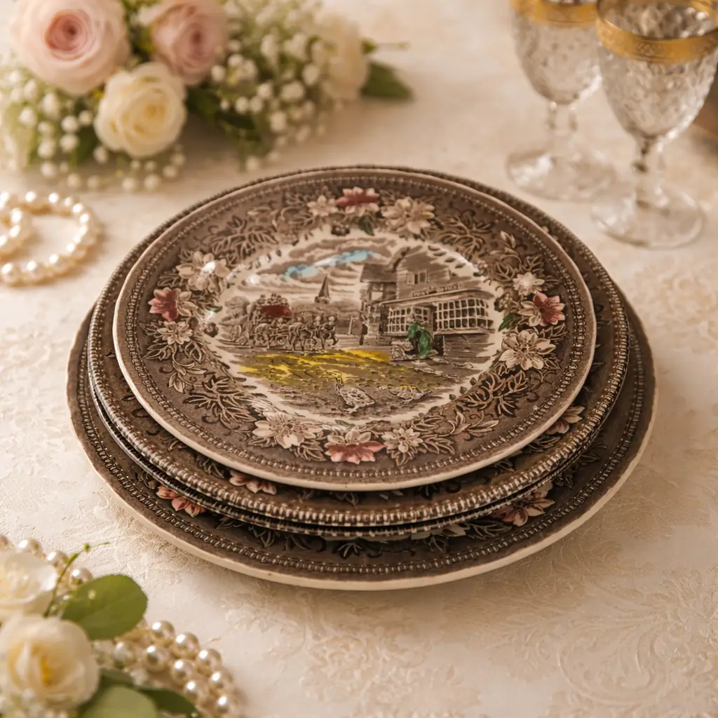 Importante servizio da tavola inglese Royal Tudor Ware – Staffordshire, decoro “Coaching Taverns 1828”, con incisione firmata W.N. Mellor. Realizzato in terraglia fine con stampa sottosmalto nei toni seppia arricchiti da delicati tocchi policromi, presenta suggestive scene di diligenze e locande inglesi incorniciate da un’elegante bordura floreale. Il servizio è composto da 41 pezzi: 12 piatti piani, 12 fondi, 12 piatti antipasto, 1 piatto da portata tondo, 2 piatti da portata ovale, 1 zuppiera con coperchio e 1 insalatiera.