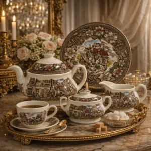 Elegante servizio da tè inglese “Coaching Taverns” prodotto da Royal Tudor Ware Staffordshire, composto da 6 tazze con piattino, teiera con coperchio, lattiera e zuccheriera. Il servizio è decorato con suggestive scene di antiche locande e carrozze inglesi, arricchite da raffinate bordure floreali policrome di gusto tradizionale britannico. Realizzato in fine ceramica smaltata Staffordshire, presenta forme armoniose e una decorazione ricca di dettagli, tipica della celebre produzione inglese del Novecento ispirata all’estetica vittoriana. In buono stato conservativo generale, rappresenta un raffinato servizio da collezione ideale per ambienti classici, country house o per appassionati di porcellane inglesi decorative.