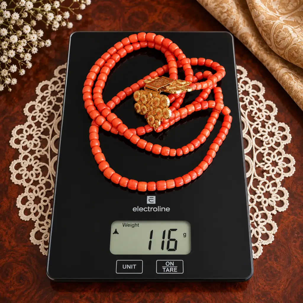 Raffinata collana a tre fili in corallo rosso mediterraneo naturale, composta da perle cilindriche accuratamente calibrate e caratterizzata da una splendida chiusura a cassetta in oro giallo, finemente lavorata a filigrana e impreziosita da un elegante motivo floreale inciso. Il caldo colore del corallo, unito alla preziosità della filigrana, crea un gioiello di grande presenza, luminosità e fascino mediterraneo, espressione della raffinata tradizione orafa italiana della seconda metà del XX secolo. In ottimo stato di conservazione, è un gioiello importante e ricercato, ideale per chi desidera indossare un pezzo dalla forte personalità o arricchire una collezione di gioielleria italiana. Peso complessivo: 116 g.