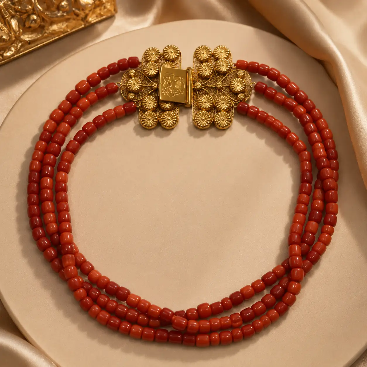 Raffinata collana a tre fili in corallo rosso mediterraneo naturale, composta da perle cilindriche accuratamente calibrate e caratterizzata da una splendida chiusura a cassetta in oro giallo, finemente lavorata a filigrana e impreziosita da un elegante motivo floreale inciso. Il caldo colore del corallo, unito alla preziosità della filigrana, crea un gioiello di grande presenza, luminosità e fascino mediterraneo, espressione della raffinata tradizione orafa italiana della seconda metà del XX secolo. In ottimo stato di conservazione, è un gioiello importante e ricercato, ideale per chi desidera indossare un pezzo dalla forte personalità o arricchire una collezione di gioielleria italiana. Peso complessivo: 116 g.