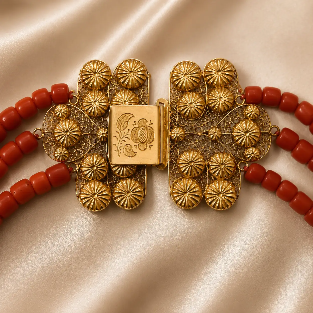 Raffinata collana a tre fili in corallo rosso mediterraneo naturale, composta da perle cilindriche accuratamente calibrate e caratterizzata da una splendida chiusura a cassetta in oro giallo, finemente lavorata a filigrana e impreziosita da un elegante motivo floreale inciso. Il caldo colore del corallo, unito alla preziosità della filigrana, crea un gioiello di grande presenza, luminosità e fascino mediterraneo, espressione della raffinata tradizione orafa italiana della seconda metà del XX secolo. In ottimo stato di conservazione, è un gioiello importante e ricercato, ideale per chi desidera indossare un pezzo dalla forte personalità o arricchire una collezione di gioielleria italiana. Peso complessivo: 116 g.