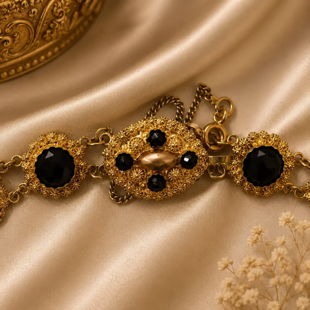 Raffinata collana a barca di manifattura olandese, risalente alla seconda metà del XIX secolo, realizzata in oro giallo 14 kt e impreziosita da granati naturali sfaccettati di intenso colore rosso vinoso. La raffinata lavorazione della montatura, caratterizzata da eleganti motivi ornamentali, esprime pienamente il gusto della gioielleria olandese ottocentesca. Conserva la chiusura originale con catenella di sicurezza ed è in eccellente stato di conservazione. Peso complessivo: 24 g.