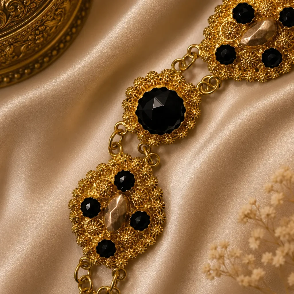 Raffinata collana a barca di manifattura olandese, risalente alla seconda metà del XIX secolo, realizzata in oro giallo 14 kt e impreziosita da granati naturali sfaccettati di intenso colore rosso vinoso. La raffinata lavorazione della montatura, caratterizzata da eleganti motivi ornamentali, esprime pienamente il gusto della gioielleria olandese ottocentesca. Conserva la chiusura originale con catenella di sicurezza ed è in eccellente stato di conservazione. Peso complessivo: 24 g.