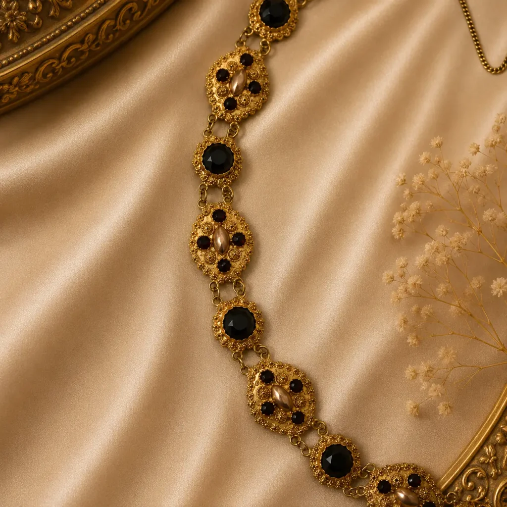 Raffinata collana a barca di manifattura olandese, risalente alla seconda metà del XIX secolo, realizzata in oro giallo 14 kt e impreziosita da granati naturali sfaccettati di intenso colore rosso vinoso. La raffinata lavorazione della montatura, caratterizzata da eleganti motivi ornamentali, esprime pienamente il gusto della gioielleria olandese ottocentesca. Conserva la chiusura originale con catenella di sicurezza ed è in eccellente stato di conservazione. Peso complessivo: 24 g.