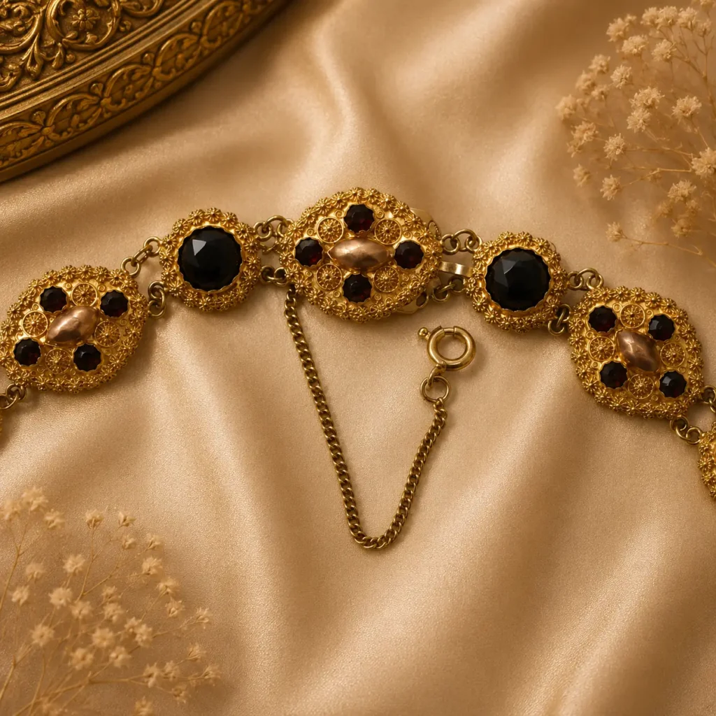 Raffinata collana a barca di manifattura olandese, risalente alla seconda metà del XIX secolo, realizzata in oro giallo 14 kt e impreziosita da granati naturali sfaccettati di intenso colore rosso vinoso. La raffinata lavorazione della montatura, caratterizzata da eleganti motivi ornamentali, esprime pienamente il gusto della gioielleria olandese ottocentesca. Conserva la chiusura originale con catenella di sicurezza ed è in eccellente stato di conservazione. Peso complessivo: 24 g.