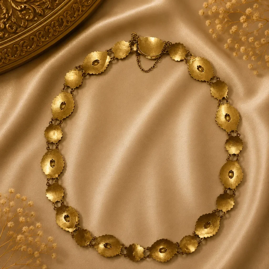 Raffinata collana a barca di manifattura olandese, risalente alla seconda metà del XIX secolo, realizzata in oro giallo 14 kt e impreziosita da granati naturali sfaccettati di intenso colore rosso vinoso. La raffinata lavorazione della montatura, caratterizzata da eleganti motivi ornamentali, esprime pienamente il gusto della gioielleria olandese ottocentesca. Conserva la chiusura originale con catenella di sicurezza ed è in eccellente stato di conservazione. Peso complessivo: 24 g.